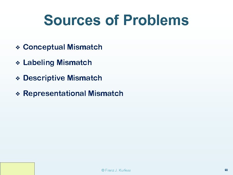 Sources of Problems ❖ Conceptual Mismatch ❖ Labeling Mismatch ❖ Descriptive Mismatch ❖ Representational