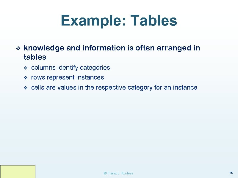 Example: Tables ❖ knowledge and information is often arranged in tables v columns identify