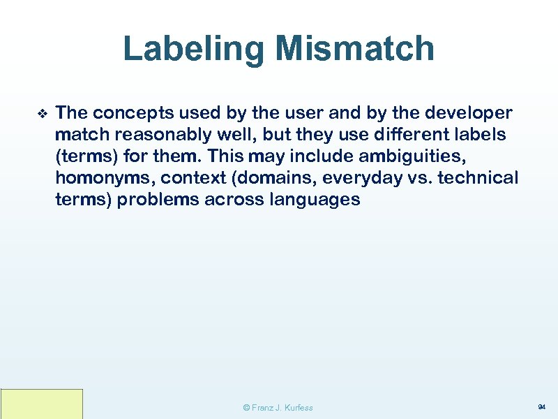 Labeling Mismatch ❖ The concepts used by the user and by the developer match
