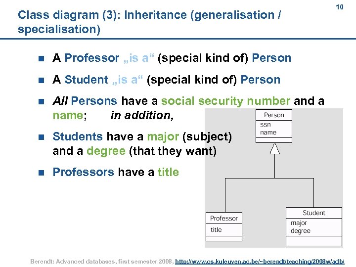 Class diagram (3): Inheritance (generalisation / specialisation) n A Professor „is a“ (special kind