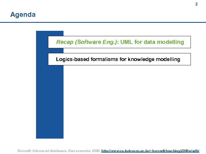 2 Agenda Recap (Software Eng. ): UML for data modelling Logics-based formalisms for knowledge