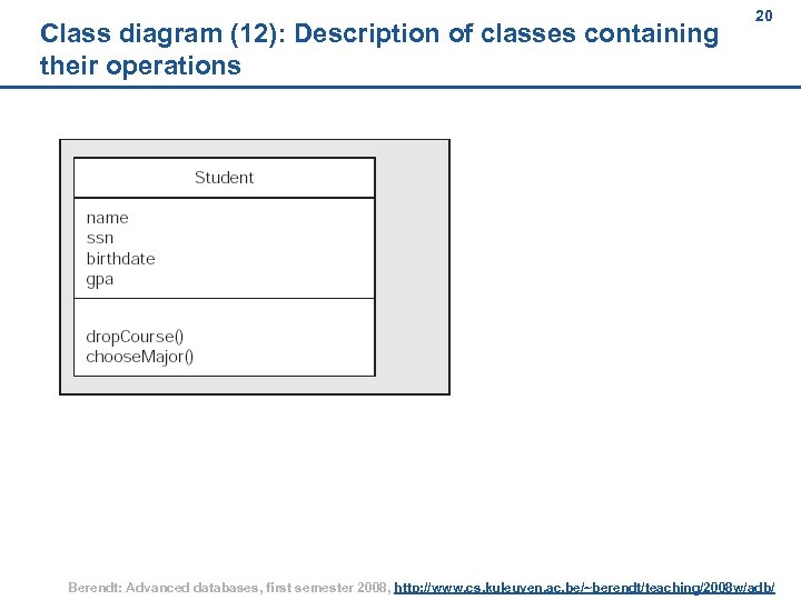 Class diagram (12): Description of classes containing their operations 20 Berendt: Advanced databases, first