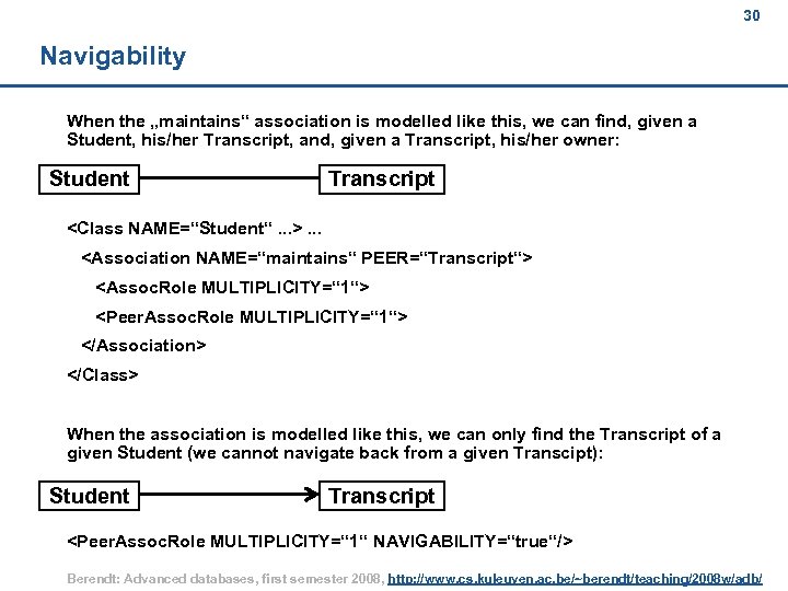 30 Navigability When the „maintains“ association is modelled like this, we can find, given