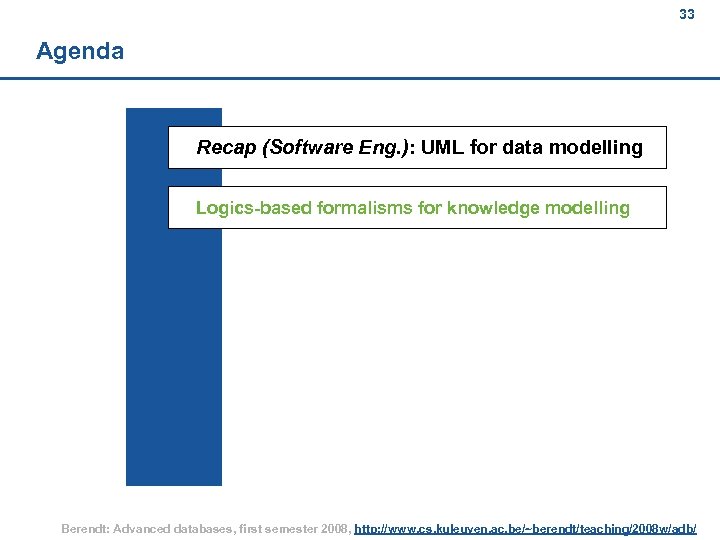 33 Agenda Recap (Software Eng. ): UML for data modelling Logics-based formalisms for knowledge