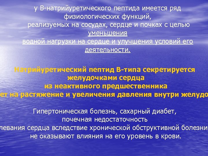у B-натрийуретического пептида имеется ряд физиологических функций, реализуемых на сосудах, сердце и почках с
