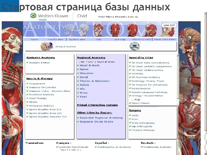 Стартовая страница базы данных 