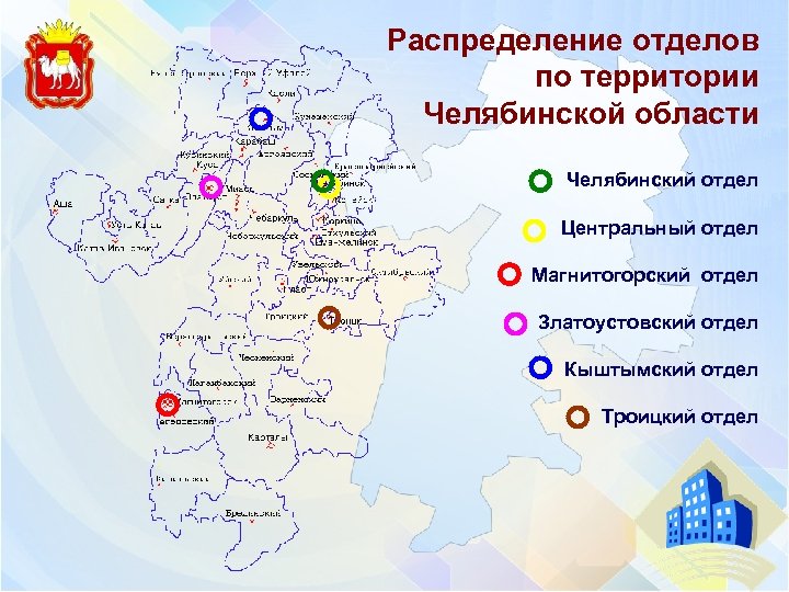  Распределение отделов по территории Челябинской области Челябинский отдел Центральный отдел Магнитогорский отдел Златоустовский