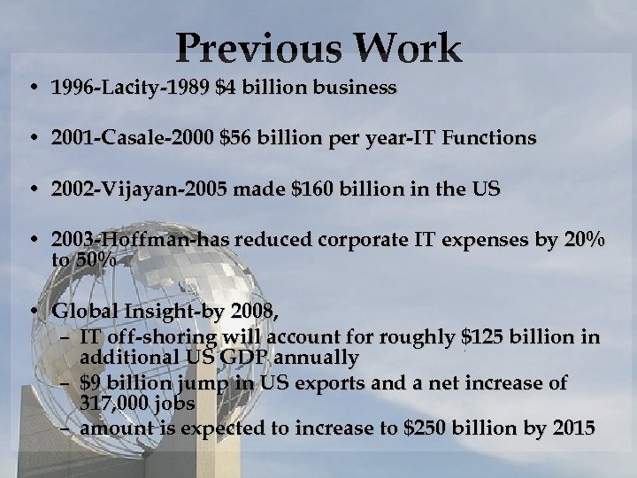 Previous Work • 1996 -Lacity-1989 $4 billion business • 2001 -Casale-2000 $56 billion per