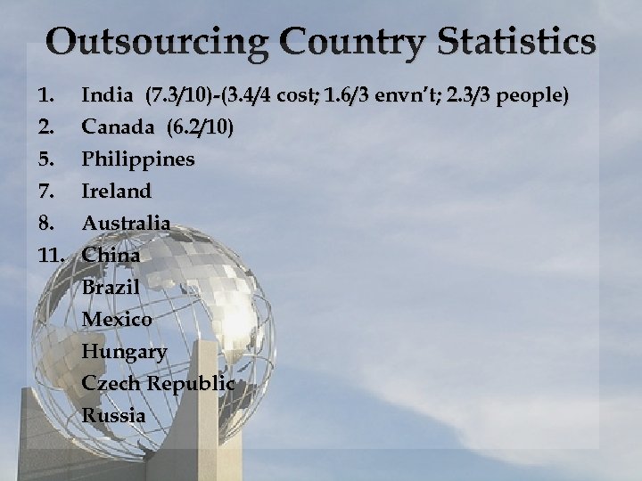 Outsourcing Country Statistics 1. 2. 5. 7. 8. 11. India (7. 3/10)-(3. 4/4 cost;