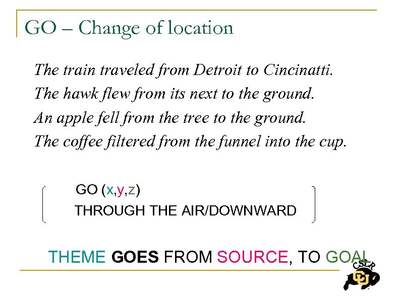 GO – Change of location The train traveled from Detroit to Cincinatti. The hawk