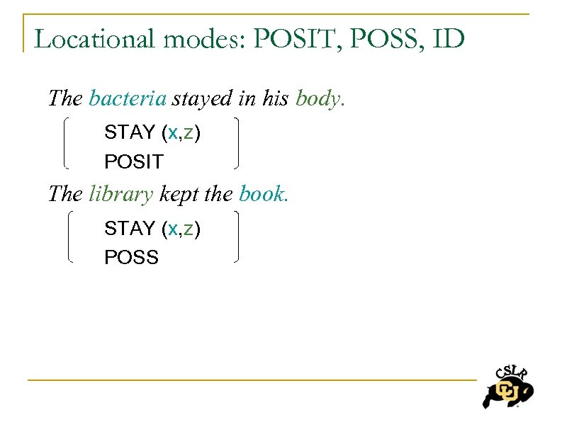 Locational modes: POSIT, POSS, ID The bacteria stayed in his body. STAY (x, z)