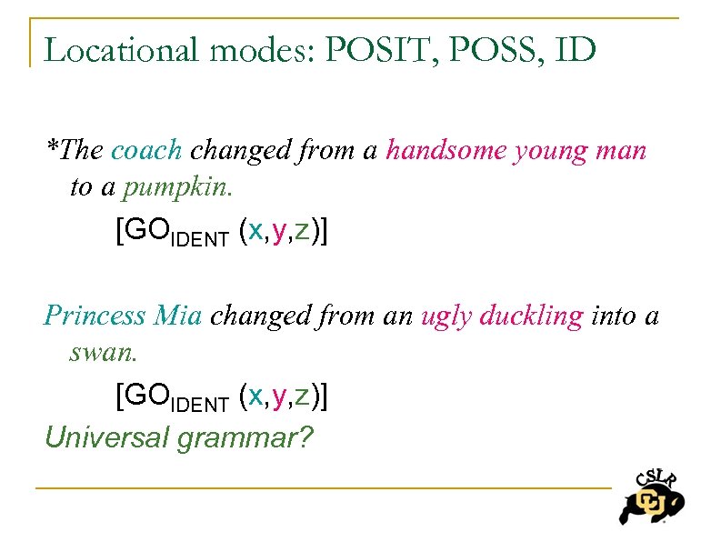Locational modes: POSIT, POSS, ID *The coach changed from a handsome young man to