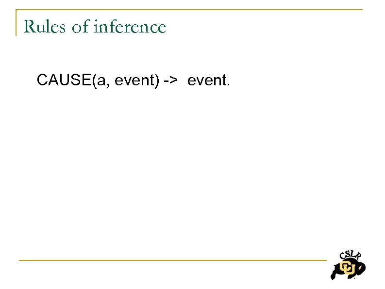 Rules of inference CAUSE(a, event) -> event. 