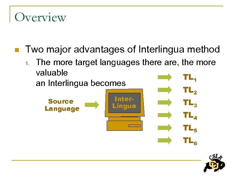 Overview n Two major advantages of Interlingua method 1. The more target languages there