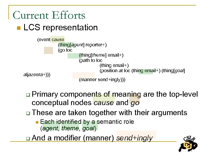 Current Efforts n LCS representation (event cause (thing[agent] reporter+) (go loc (thing[theme] email+) (path