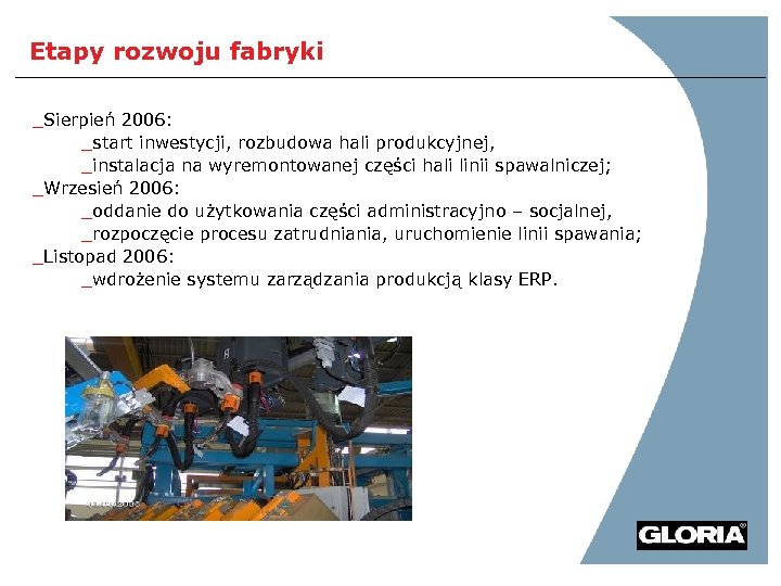Etapy rozwoju fabryki _Sierpień 2006: _start inwestycji, rozbudowa hali produkcyjnej, _instalacja na wyremontowanej części