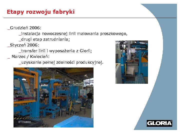 Etapy rozwoju fabryki _Grudzień 2006: _instalacja nowoczesnej linii malowania proszkowego, _drugi etap zatrudniania; _Styczeń