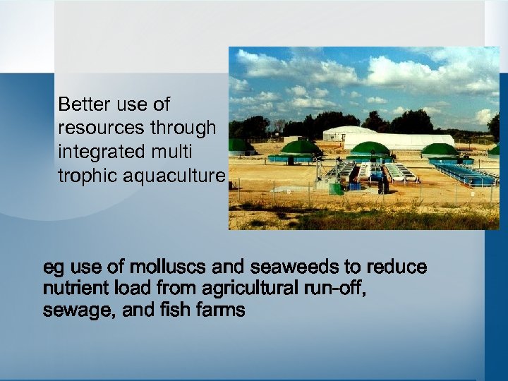  Better use of resources through integrated multi trophic aquaculture eg use of molluscs