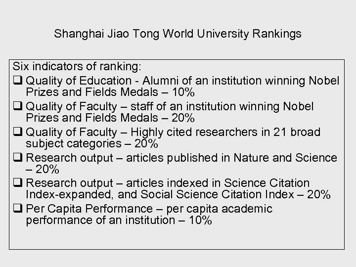 Shanghai Jiao Tong World University Rankings Six indicators of ranking: q Quality of Education