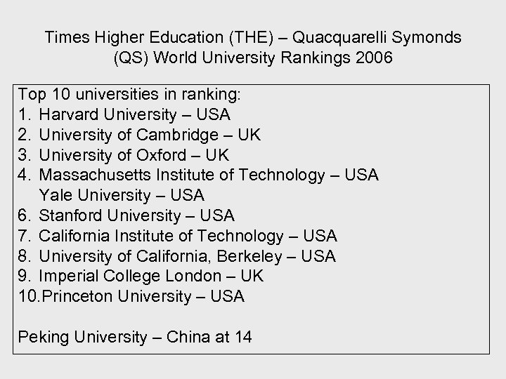 Times Higher Education (THE) – Quacquarelli Symonds (QS) World University Rankings 2006 Top 10