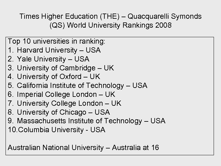 Times Higher Education (THE) – Quacquarelli Symonds (QS) World University Rankings 2008 Top 10
