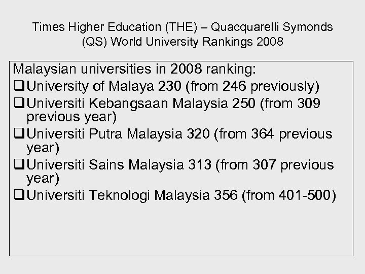Times Higher Education (THE) – Quacquarelli Symonds (QS) World University Rankings 2008 Malaysian universities