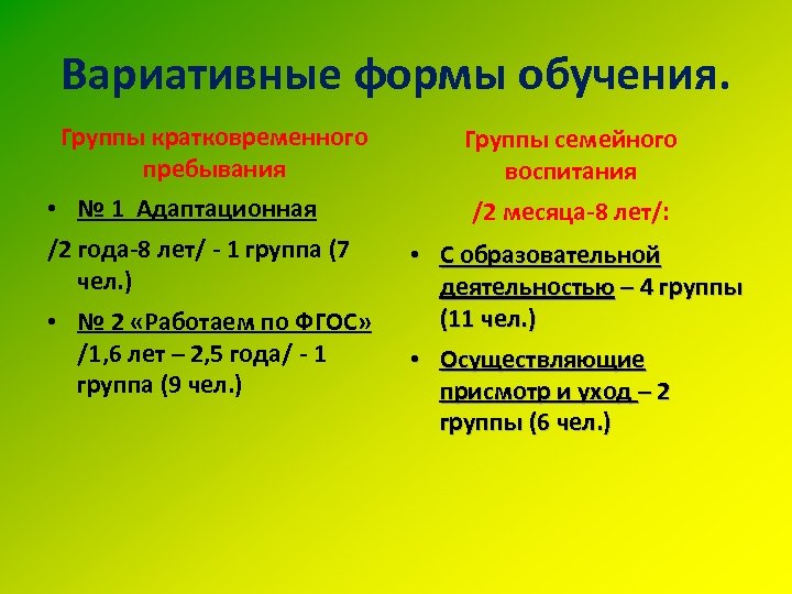 Вариативные формы обучения. Группы кратковременного пребывания • № 1 Адаптационная /2 года-8 лет/ -