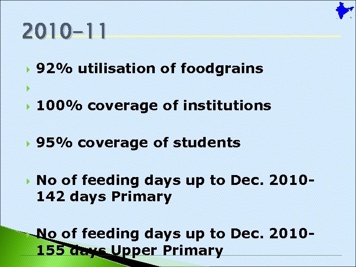 2010 -11 92% utilisation of foodgrains 100% coverage of institutions 95% coverage of students