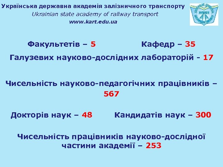 Українська державна академія залізничного транспорту Ukrainian state academy of railway transport www. kart. edu.