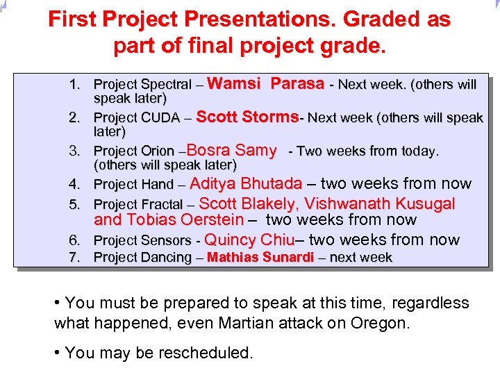 Universität Dortmund First Project Presentations. Graded as part of final project grade. 1. Project