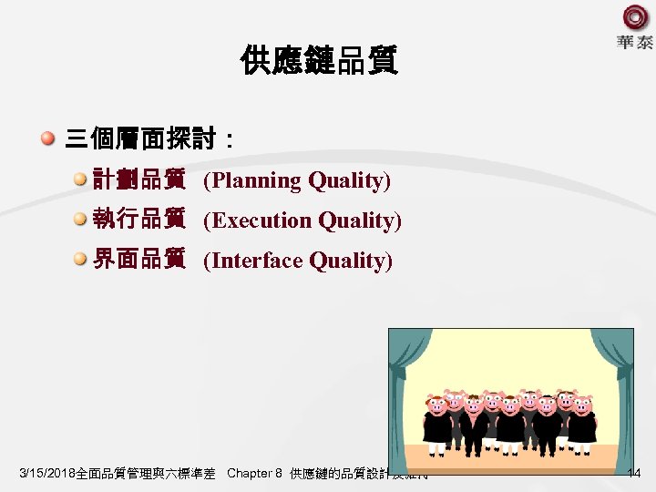 供應鏈品質 三個層面探討： 計劃品質 (Planning Quality) 執行品質 (Execution Quality) 界面品質 (Interface Quality) 3/15/2018全面品質管理與六標準差 Chapter 8