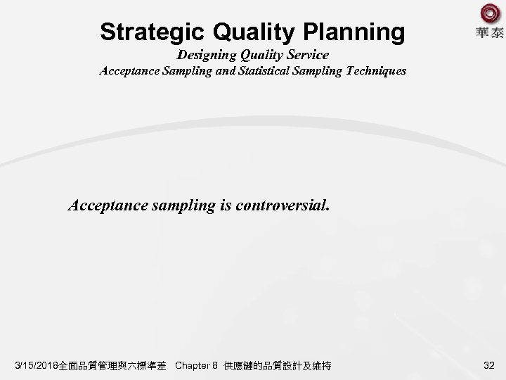 Strategic Quality Planning Designing Quality Service Acceptance Sampling and Statistical Sampling Techniques Acceptance sampling