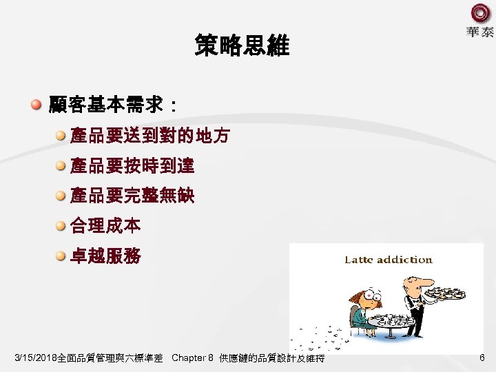 策略思維 顧客基本需求： 產品要送到對的地方 產品要按時到達 產品要完整無缺 合理成本 卓越服務 3/15/2018全面品質管理與六標準差 Chapter 8 供應鏈的品質設計及維持 6 