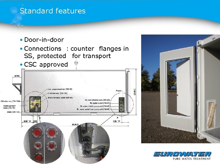 Standard features • Door-in-door • Connections : counter flanges in SS, protected for transport