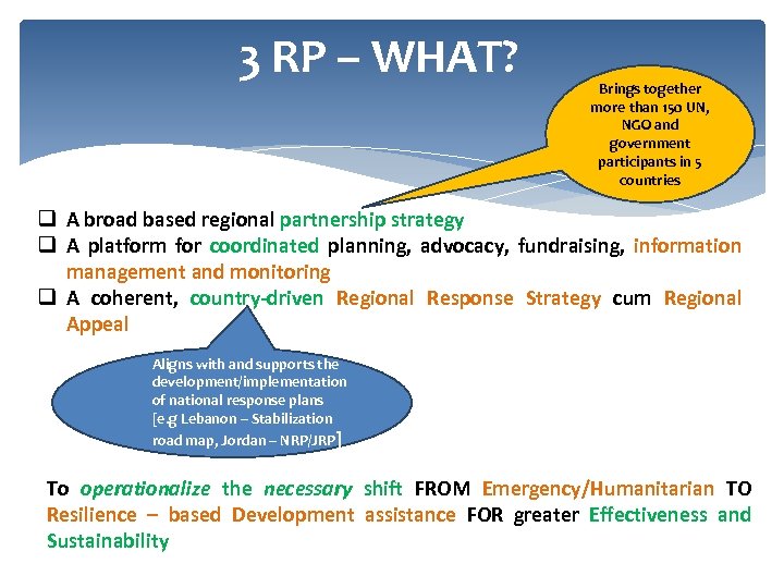 3 RP – WHAT? Brings together more than 150 UN, NGO and government participants