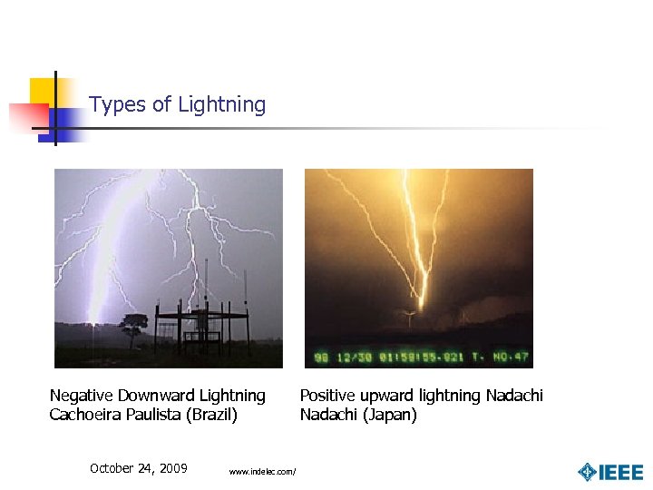 Types of Lightning Negative Downward Lightning Cachoeira Paulista (Brazil) October 24, 2009 www. indelec.