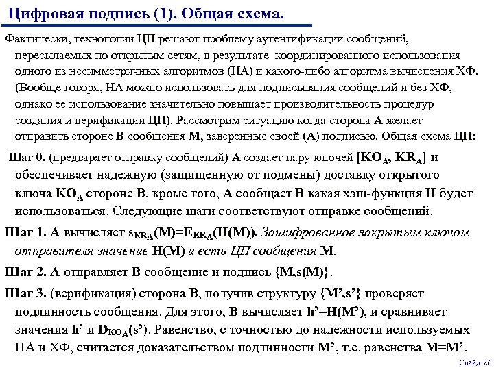 Цифровая подпись (1). Общая схема. Фактически, технологии ЦП решают проблему аутентификации сообщений, пересылаемых по
