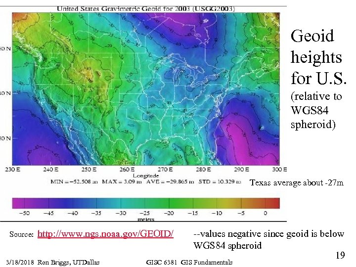 Geoid heights for U. S. (relative to WGS 84 spheroid) Texas average about -27