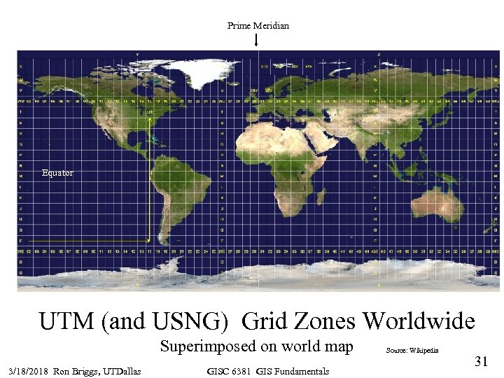 Prime Meridian Equator UTM (and USNG) Grid Zones Worldwide Superimposed on world map 3/18/2018