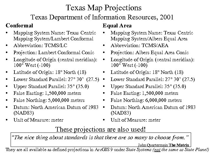 Texas Map Projections Texas Department of Information Resources, 2001 Conformal Equal Area • •