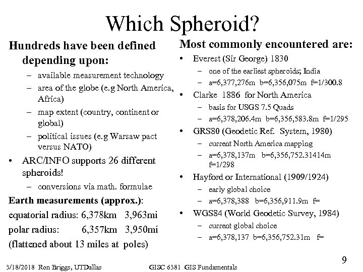 Which Spheroid? Hundreds have been defined depending upon: Most commonly encountered are: • –