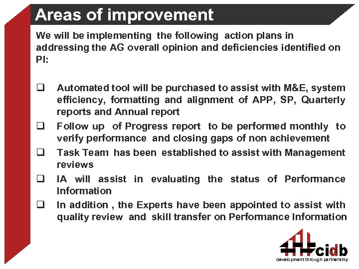 Areas of improvement We will be implementing the following action plans in addressing the