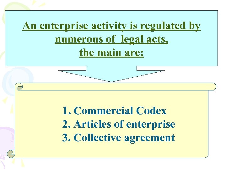 An enterprise activity is regulated by numerous of legal acts, the main are: 1.