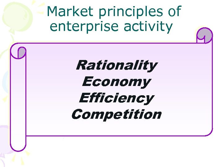  Market principles of enterprise activity Rationality Economy Efficiency Competition 