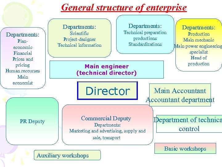 General structure of enterprise Departments: Planeconomic Financial Prices and pricing Human recourses Main economist
