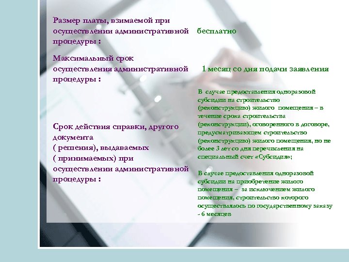 Размер платы, взимаемой при осуществлении административной бесплатно процедуры : Максимальный срок осуществления административной процедуры