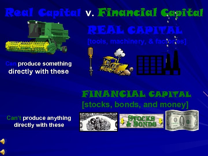 Real Capital v. Financial Capital REAL CAPITAL [tools, machinery, & factories] Can produce something