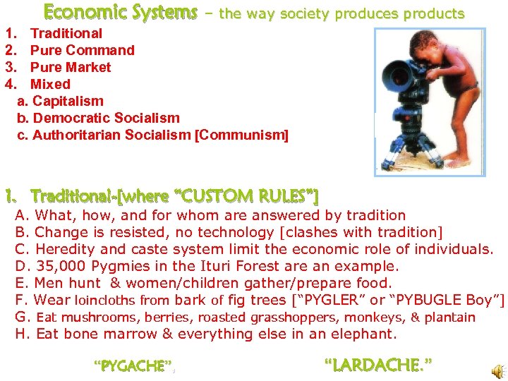 Economic Systems – the way society produces products 1. Traditional 2. Pure Command 3.