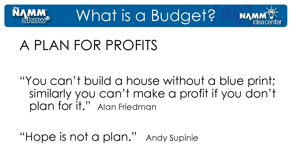 What is a Budget? A PLAN FOR PROFITS “You can’t build a house without