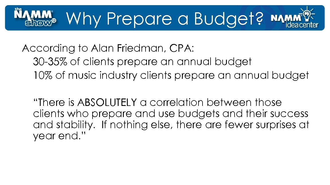 Why Prepare a Budget? According to Alan Friedman, CPA: 30 -35% of clients prepare